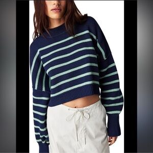 Free People Easy Street Stripe Crop Pullover Sweater Navy Combo